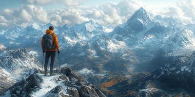 Majestic Mountain Peak Hiker s Panoramic View Snow Covered Ridge Hiking Trail photo