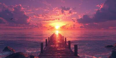 Serene Sunset Ocean Pier Vibrant Sky Tranquil Waters photo