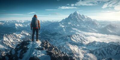 Majestic Mountain Peak Hiker s Panoramic View Snow Covered Landscape photo