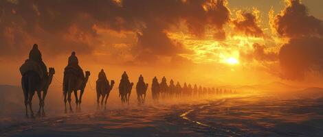 Golden Sunset Caravan Desert Camel Silhouette Journey photo