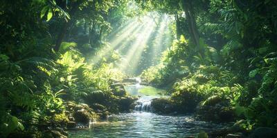 Lush Tropical Rainforest Stream Sunlight Nature Tranquil Serenity Green Leaves 8K High Resolution photo