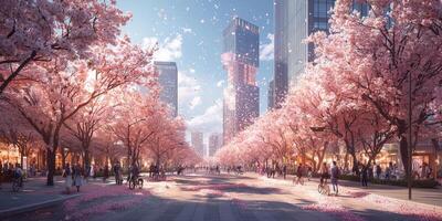 Spring Cityscape Cherry Blossoms Skyscrapers Cyclists photo