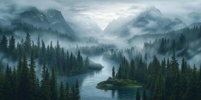 Misty Mountain River Landscape Serene Forest Fog Nature photo
