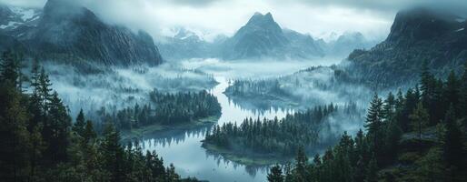 Misty Mountain Lake Serene Forest Landscape Photography photo