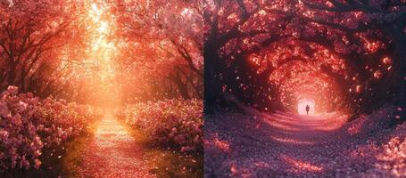 Magical Pink Blossom Tunnel Path Sunlit Spring Flowers Nature Scene photo