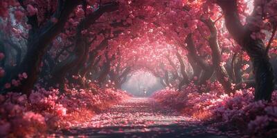Enchanting Pink Cherry Blossom Tunnel Path Spring Nature Scene photo