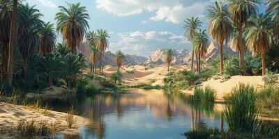 Serene Oasis Palm Trees Desert Landscape Still Water Sunny Sky photo