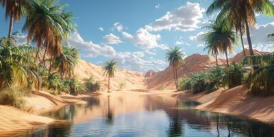 Oasis Landscape Palm Trees Desert Dunes and Tranquil Water photo