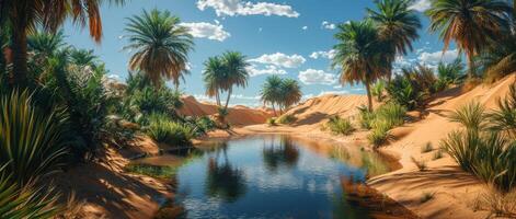 Oasis Desert Landscape Palm Trees Sand Dunes Waterhole photo