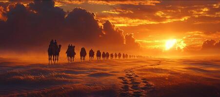 Majestic Camel Caravan at Sunset in Desert Landscape photo