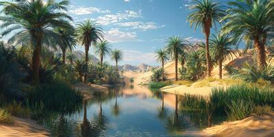 Serene Oasis Palm Trees Desert Landscape Water Reflection Sunny Sky photo