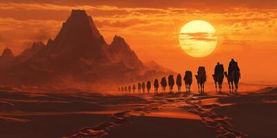 Desert Sunset Caravan of Camels Crossing Golden Dunes photo