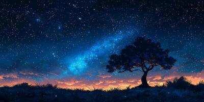 Serene Night Sky Milky Way Lone Tree Silhouette Starry Landscape Nature Scenery photo