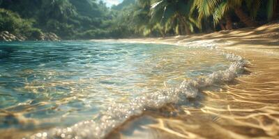 Tropical Beach Paradise Crystal Clear Ocean Waves Sandy Shore Palm Trees photo