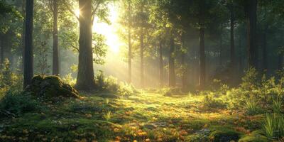 Serene Sunlit Forest Morning Mist Golden Light Mossy Ground Lush Greenery Tall Trees Tranquil photo