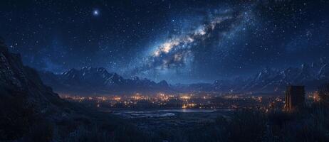 Majestic Night Scene Milky Way Mountains Town Lights photo