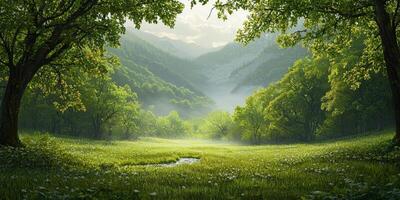 Serene Spring Valley Misty Meadow Lush Green Trees Mountain Landscape photo