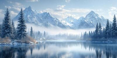Serene Winter Mountain Lake Snow capped Peaks Frosty Pines Glacial Reflection photo