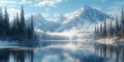 Serene Winter Mountain Lake Snow Capped Peaks Frosty Pines Glacial Reflection photo