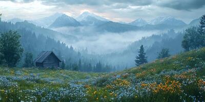 Misty Mountain Cabin Scenic Landscape with Wildflowers photo