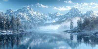 Serene Winter Wonderland Misty Mountains Glacial Lake Frosty Pines photo