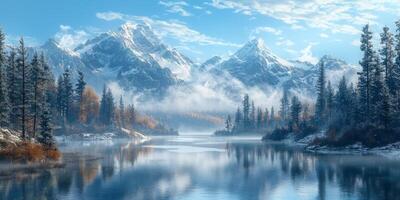 Majestic Winter Mountain Lake Landscape Serenity Nature Snow Trees Reflection photo