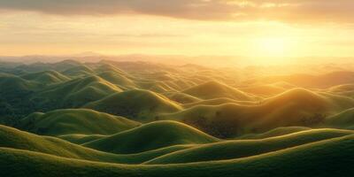 Golden Hour Sunset Over Rolling Green Hills Landscape Photography photo