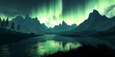 Majestic Aurora Borealis over Mountain Lake Night Landscape photo