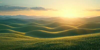 Serene Sunset Over Rolling Green Hills Landscape Photography photo