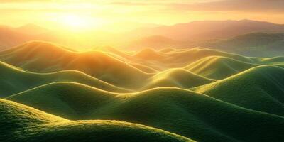 Serene Sunset Over Rolling Green Hills Landscape Photography photo
