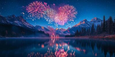 Majestic Mountain Lake Fireworks Night Sky Celebration photo