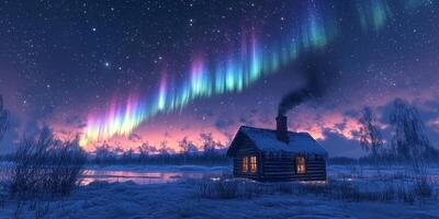 Magical Arctic Cabin Aurora Borealis Winter Wonderland Night Sky photo