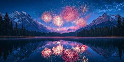 Majestic Mountain Fireworks Display Over Serene Lake at Night photo