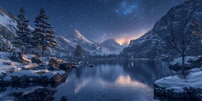 Serene Winter Fjord Aurora Borealis Starry Night Mountains Snow Trees Calm Waters High Resolution photo