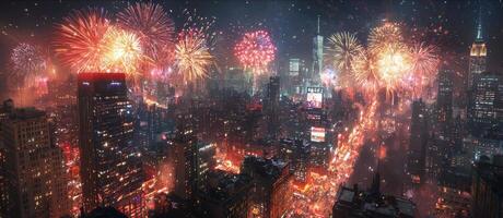 Dazzling New Year s Eve Fireworks over Cityscape at Night photo