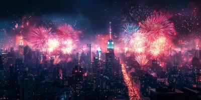 Spectacular New Year s Fireworks over City Skyline photo
