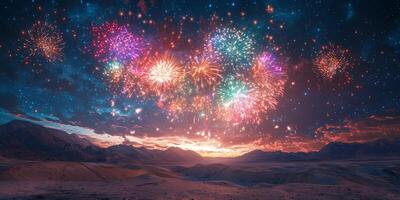Festive Fireworks over Desert Landscape at Night New Year Celebration photo