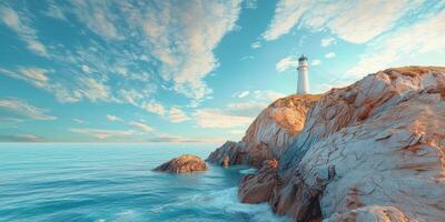 Coastal Lighthouse Seascape Dramatic Cliffs Ocean Waves Blue Sky photo