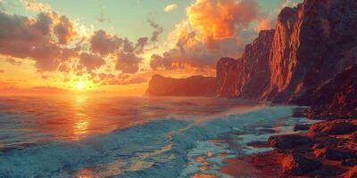 Golden Hour Seascape Dramatic Cliffs Ocean Sunset Waves photo