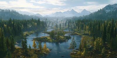 Serene Forest River Landscape Mountains Trees and Water Conservation Success photo