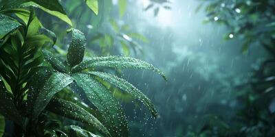 Lush Rainforest Leaves in Rain Dew Drops Tropical Background photo
