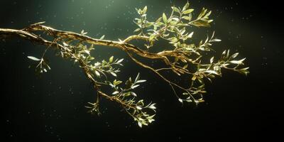 Golden Branch with Green Leaves Dark Background 8k High Resolution photo