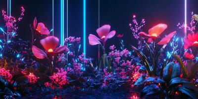 Futuristic Neon Garden Vibrant Flowers Plants and Glowing Lights photo