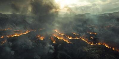 Aerial View of Wildfire in Mountain Range Smoke Flames Disaster photo