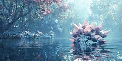 Ethereal Forest Geometric Plant on Calm Water 8K High Resolution Surreal Nature Scene photo
