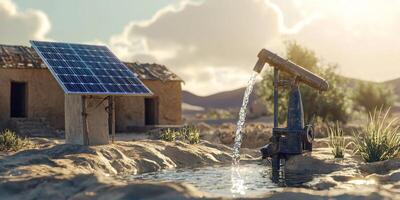 Solar Powered Water Pump in Desert Village Sustainable Water Conservation photo