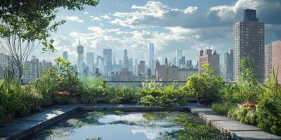 Lush Rooftop Garden Oasis with City Skyline View Urban Greenery Plants Water Feature High Resolution photo