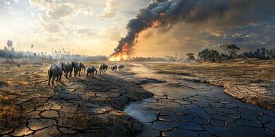 Elephants in Drought Climate Change Wildfire Africa photo