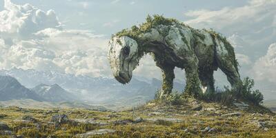 Overgrown Stone Horse Statue in Mountain Landscape Biodiversity Loss Climate Change Extinct Animal photo