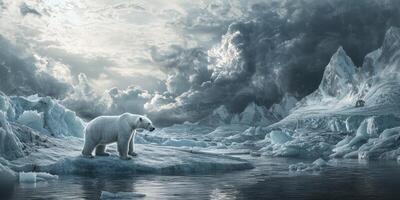 Arctic Polar Bear on Melting Ice Floe Dramatic Cloudscape Climate Change photo